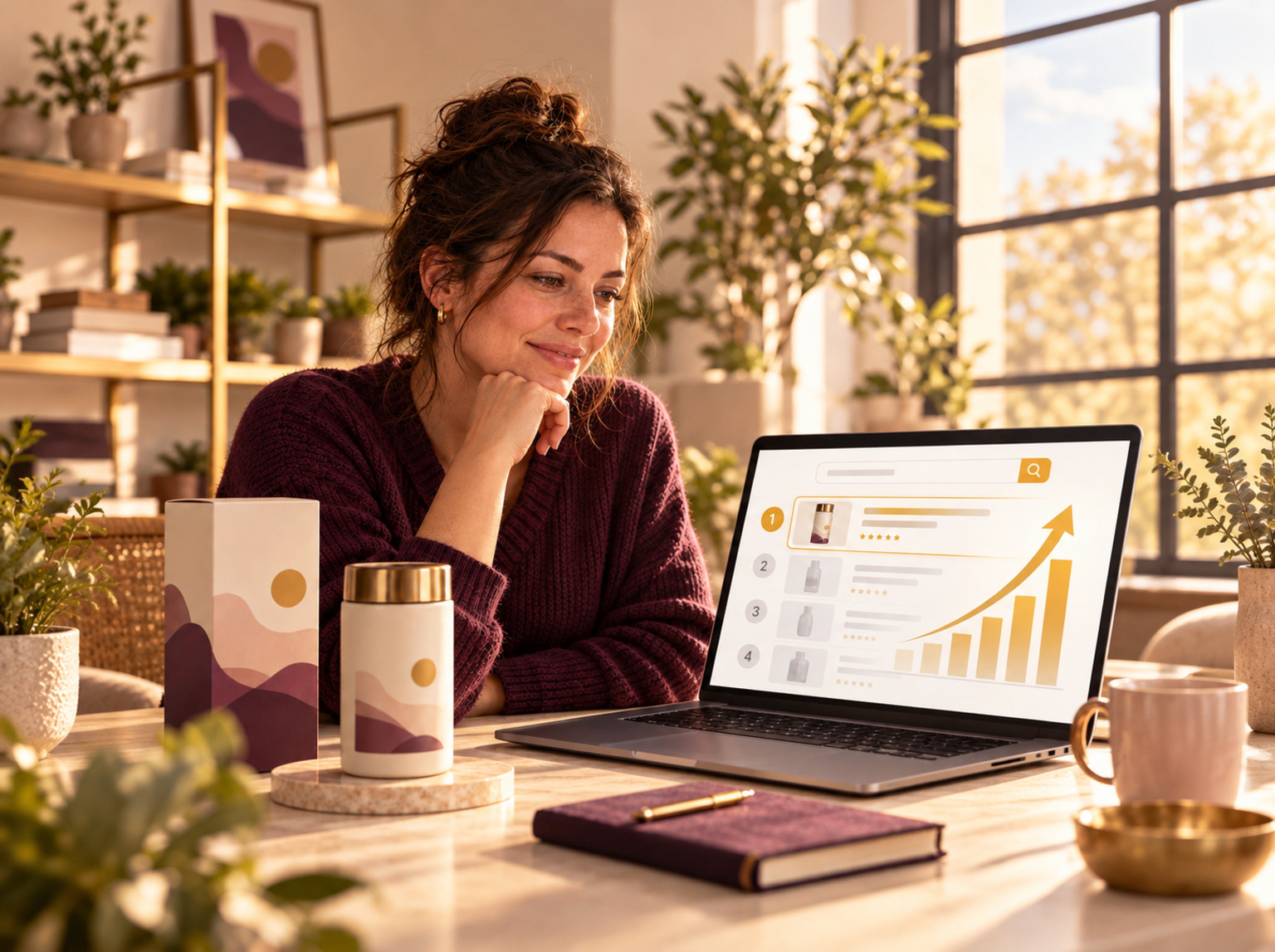 A seller viewing product search rankings and a growth chart on a laptop