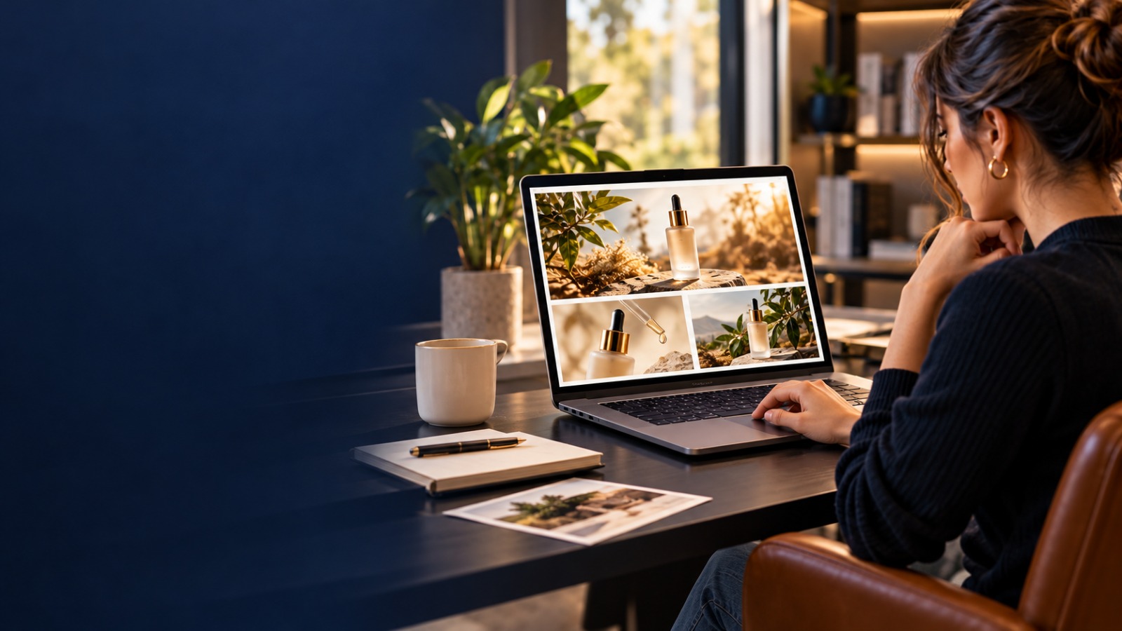 Designer reviewing an A+ Content image layout on a laptop